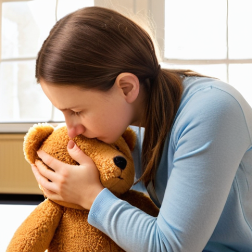 Home 7 **Prompt 1: Empathetic Connection through Active Listening**
An educator (woman) kneeling at a child's eye level in a brightly lit classroom. The child, around 4-5 years old, looks slightly withdrawn or sad, perhaps clutching a small teddy bear. The educator has a calm, warm, and understanding expression, offering a gentle hand or a comforting presence, focusing on non-verbal cues. The scene emphasizes a deep, empathetic connection and a safe space for the child to express feelings. Soft lighting, focus on expressions and connection.