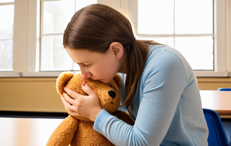 **Prompt 1: Empathetic Connection through Active Listening**
An educator (woman) kneeling at a child's eye level in a brightly lit classroom. The child, around 4-5 years old, looks slightly withdrawn or sad, perhaps clutching a small teddy bear. The educator has a calm, warm, and understanding expression, offering a gentle hand or a comforting presence, focusing on non-verbal cues. The scene emphasizes a deep, empathetic connection and a safe space for the child to express feelings. Soft lighting, focus on expressions and connection.