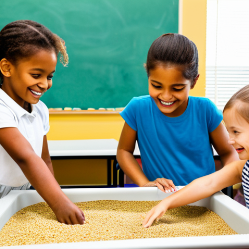 Home 22 **
A group of fully clothed children (appropriate attire) are enthusiastically exploring a sensory table filled with various textures: sand, water with colorful pebbles, and soft fabrics. The scene is a brightly lit classroom with art supplies visible in the background. The children are smiling and engaged. Safe for work, appropriate content, family-friendly, perfect anatomy, natural proportions, high quality photo, professional.
**