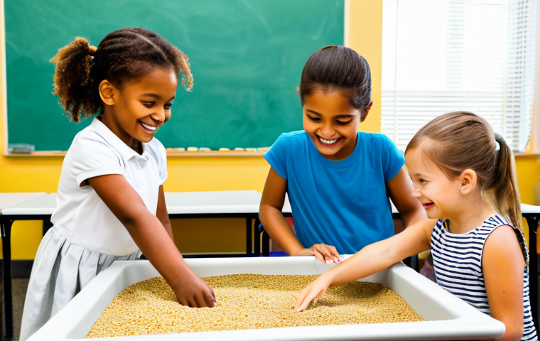 **

A group of fully clothed children (appropriate attire) are enthusiastically exploring a sensory table filled with various textures: sand, water with colorful pebbles, and soft fabrics. The scene is a brightly lit classroom with art supplies visible in the background. The children are smiling and engaged. Safe for work, appropriate content, family-friendly, perfect anatomy, natural proportions, high quality photo, professional.

**