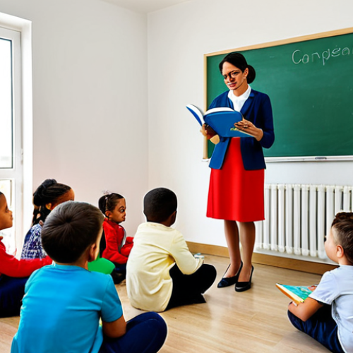 Home 10 **
"A professional kindergarten teacher in Portugal, fully clothed in modest attire, reading a story to a group of diverse children in a bright and cheerful classroom, appropriate content, safe for work, perfect anatomy, natural proportions, family-friendly environment, high-quality illustration."
**