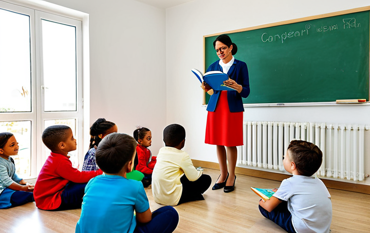 **

"A professional kindergarten teacher in Portugal, fully clothed in modest attire, reading a story to a group of diverse children in a bright and cheerful classroom, appropriate content, safe for work, perfect anatomy, natural proportions, family-friendly environment, high-quality illustration."

**