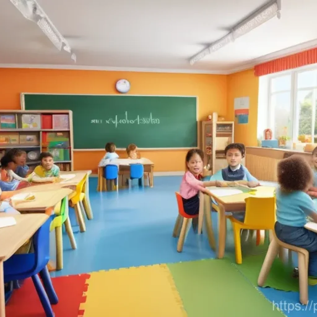 유아교육지도사 강의 계획 작성 방법과 사례 - **"A vibrant and sunlit kindergarten classroom bustling with a diverse group of cheerful children, a...