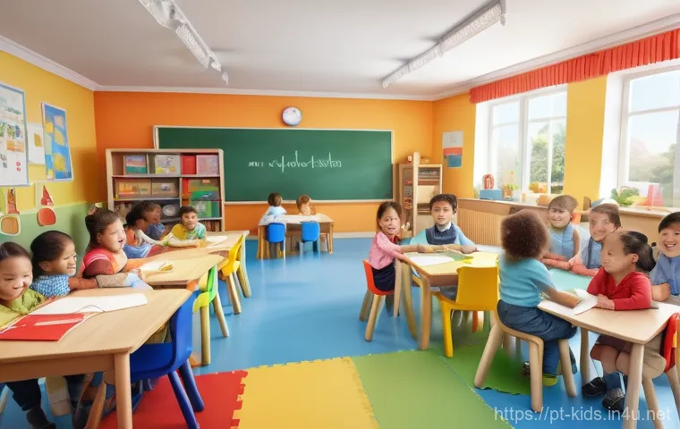 유아교육지도사 강의 계획 작성 방법과 사례 - **"A vibrant and sunlit kindergarten classroom bustling with a diverse group of cheerful children, a...
