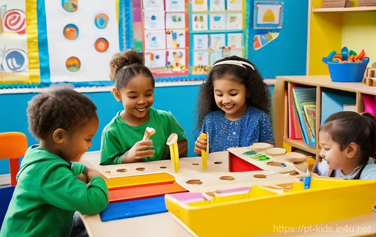 유아교육지도사 실기시험 준비와 관련된 조언 - **Prompt:** A vibrant and engaging early childhood classroom bustling with activity. A diverse group...