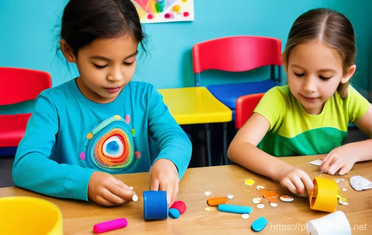유아교육지도사 실기시험 대비 교육 자료 제작법 - **Prompt 1: Creative Play with Recycled Materials**
"A vibrant, sun-drenched classroom, filled w...