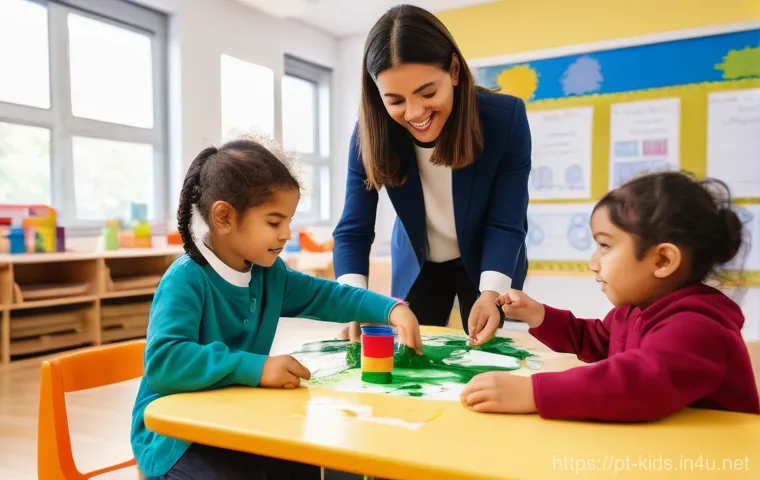 유아교육지도사 실기시험 시 주요 채점 기준 - An imaginatively organized Portuguese kindergarten classroom, bustling with activity. The space is c...