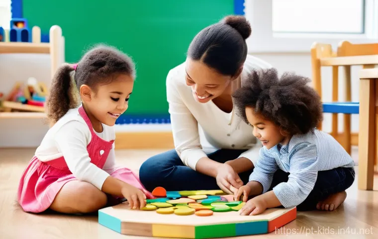 유아교육지도사 경력개발을 위한 추천 서적 - **Subject:** A diverse group of young children (aged 3-6) happily engaged in various brain-stimulati...