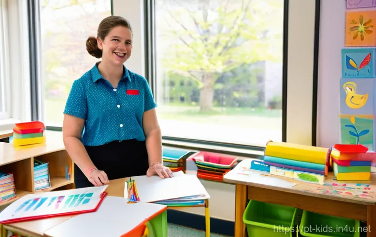 유아교육지도사로서의 시간 관리 노하우 - **Prompt:** A brightly lit, modern early childhood classroom on a sunny morning. A female educator, ...
