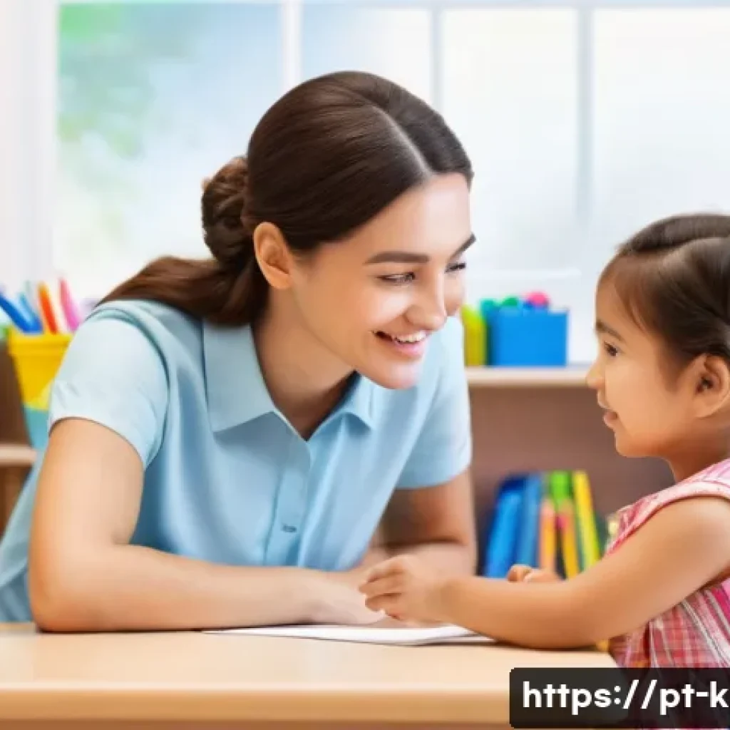 유아교육지도사로서의 직장 내 의사소통 문제 해결 - **Prompt:** A brightly lit kindergarten classroom scene. A female teacher with a warm smile is sitti...