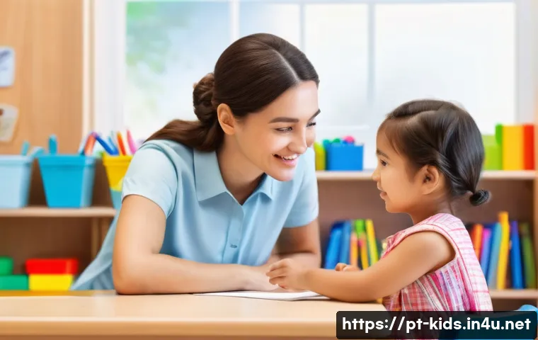 유아교육지도사로서의 직장 내 의사소통 문제 해결 - **Prompt:** A brightly lit kindergarten classroom scene. A female teacher with a warm smile is sitti...