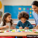 유아교육지도사 강의 준비 체크리스트 - **Vibrant Early Childhood Classroom with Active Learning:**
A brightly lit and colorful kinderga...