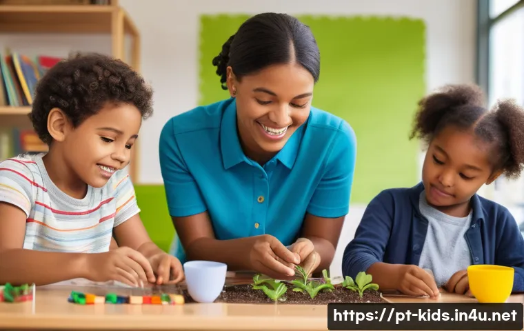 유아교육지도사 경력 개발 세미나 - A vibrant early childhood classroom scene featuring diverse young children actively engaged in a han...