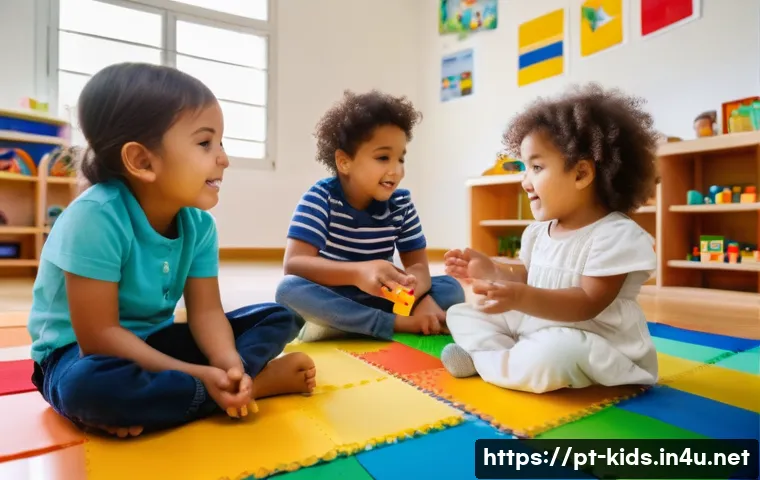 유아교육지도사 신입 교육생의 일상 - A bright and cheerful early childhood classroom scene in a Brazilian preschool, showing a diverse gr...
