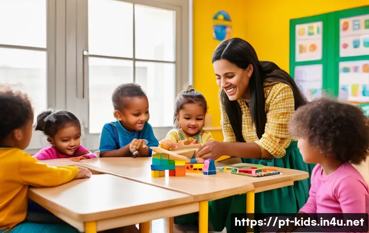 유아교육지도사 이론과 실기의 차이 - A warm, bright early childhood classroom scene in Brazil, showing a diverse group of young children ...