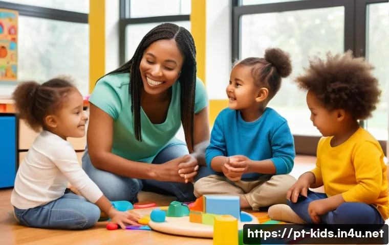 유아교육지도사 실무 사례 연구 방법 - A bright and colorful classroom scene showing a diverse group of young children aged 3 to 5, all wea...