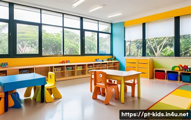 유아교육지도사 신입의 첫 근무 준비법 - A bright and cheerful early childhood classroom in a Brazilian daycare center, featuring well-organi...