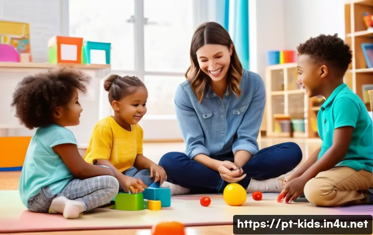 유아교육지도사 실무 경험담 작성법 - A warm and vibrant preschool classroom scene showing a diverse group of young children, all wearing ...