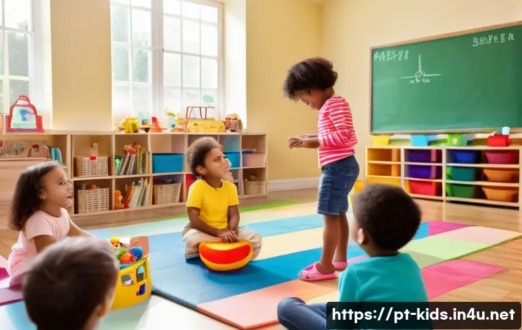유아교육지도사 자격증 시험 과목별 공부 전략 - A bright and colorful classroom scene showing a diverse group of young children aged 4 to 6, all wea...