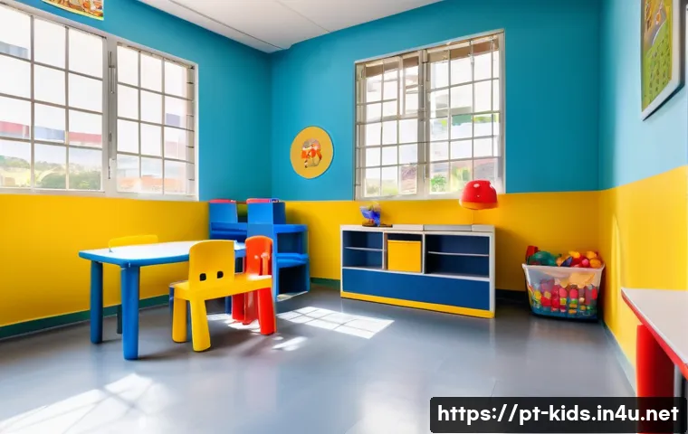 유아교육지도사 근무 환경 비교 - A bright and colorful daycare classroom in Brazil with modern infrastructure, featuring diverse educ...