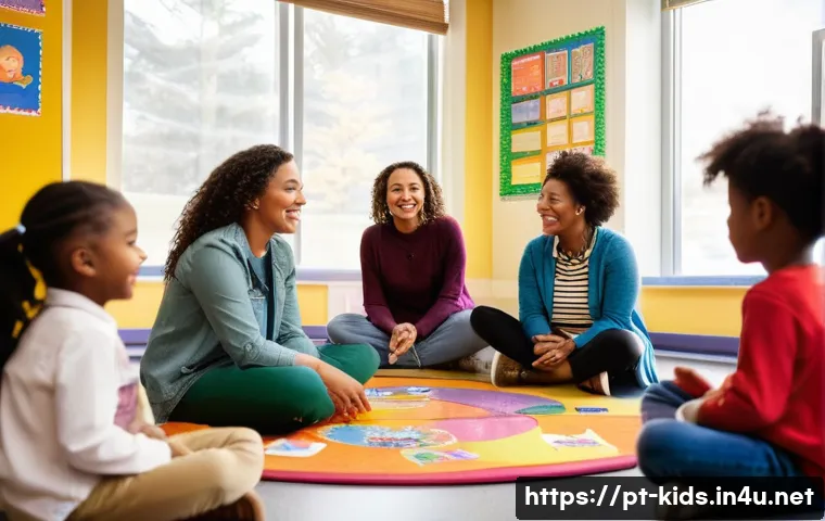 유아교육지도사로서 팀워크 향상 방법 - A diverse group of early childhood educators engaged in an active listening session inside a bright,...
