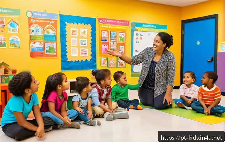 유아교육지도사 교육 사례 작성법 - A diverse group of early childhood educators engaged in a role-play activity inside a bright, colorf...