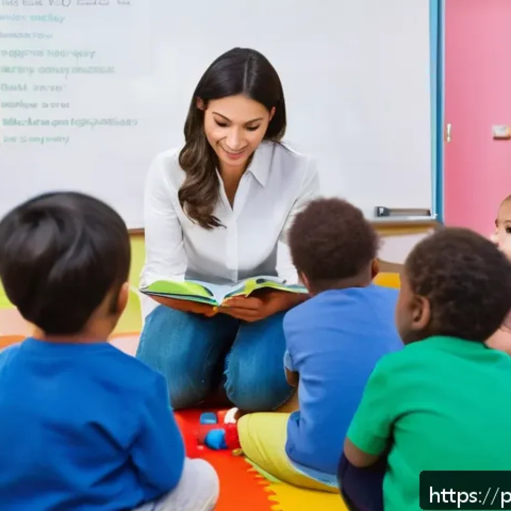 유아교육지도사 직무 기술서 작성법 - A warm and inviting early childhood classroom scene featuring a diverse female educator in professio...