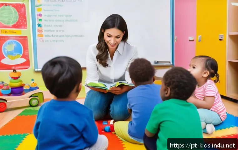 유아교육지도사 직무 기술서 작성법 - A warm and inviting early childhood classroom scene featuring a diverse female educator in professio...
