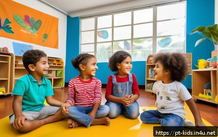 유아교육지도사 실기시험 채점 가이드 - A warm and vibrant classroom scene in a Brazilian early childhood education center, featuring a dive...