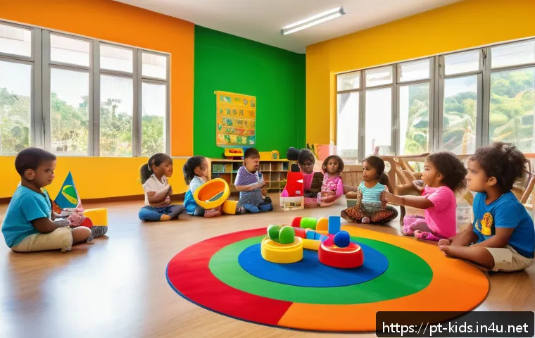 유아교육지도사 연수와 자격증 시험의 차이 - A bright and welcoming classroom scene in a Brazilian early childhood education center, showing dive...