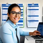 Home 20 유아교육지도사 자격증 갱신 준비 가이드 - A professional Portuguese early childhood educator in a bright, modern office setting, organizing di...