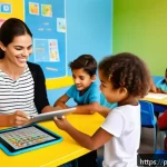 Home 18 유아교육지도사 업무 중 유용한 모바일 앱 - A bright and cheerful early childhood classroom scene in Brazil, with a female educator using a tabl...