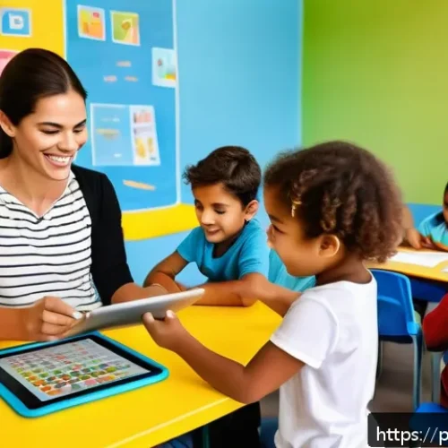 Home 30 유아교육지도사 업무 중 유용한 모바일 앱 - A bright and cheerful early childhood classroom scene in Brazil, with a female educator using a tabl...