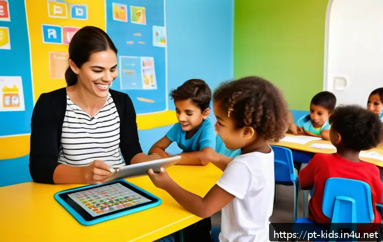 유아교육지도사 업무 중 유용한 모바일 앱 - A bright and cheerful early childhood classroom scene in Brazil, with a female educator using a tabl...
