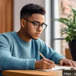 Home 23 유아교육지도사 필기 시험 기출문제 풀이법 - A focused young adult student sitting at a wooden desk in a cozy study room, surrounded by organized...