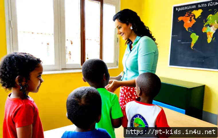 유아교육지도사 자격증의 국제적 인정 - Photorealistic early childhood educator in a bright Portuguese preschool classroom, warmly guiding a...